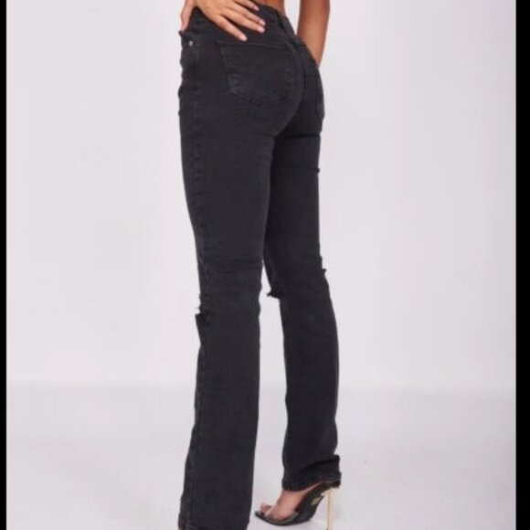 Charcoal Distressed Knee Rip Straight Leg Jeans - Picture 4 of 6